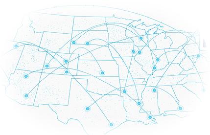 Network diagram showing thousands of connected imaging sites across the United States