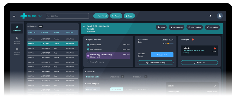 NEXUS-MD medical imaging workflow interface showing patient management dashboard with Jane Doe patient details, request progress tracking, appointment scheduling, and imaging history timeline